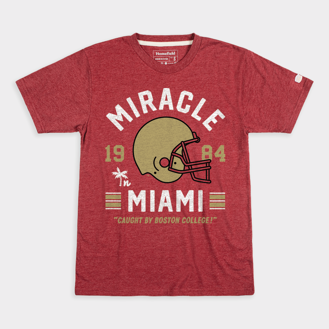 Vintage BC Miracle in Miami 1984 Football Tee | Maroon/Red | S | Vintage Officially Licensed Boston College Apparel by Homefield