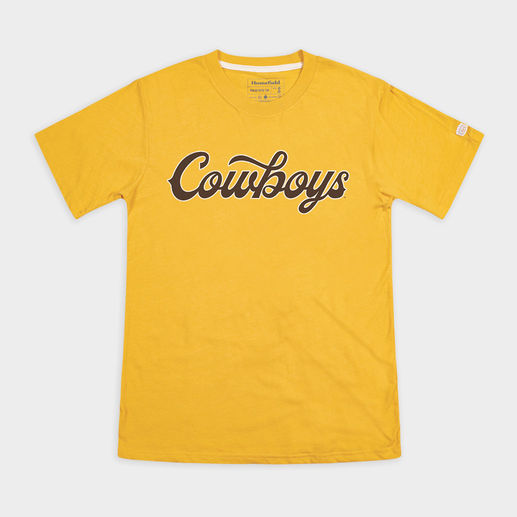 Homefield Wyoming Cowboys Basketball Script Tee 4XL / Heather Yellow Gold